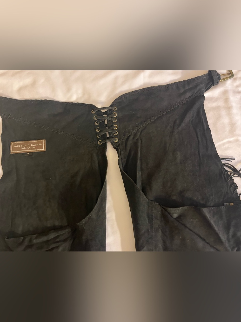 RARE Double D Leather Fringe Chaps with Intricate Beads & Sequin Floral Design - Picture 13 of 16